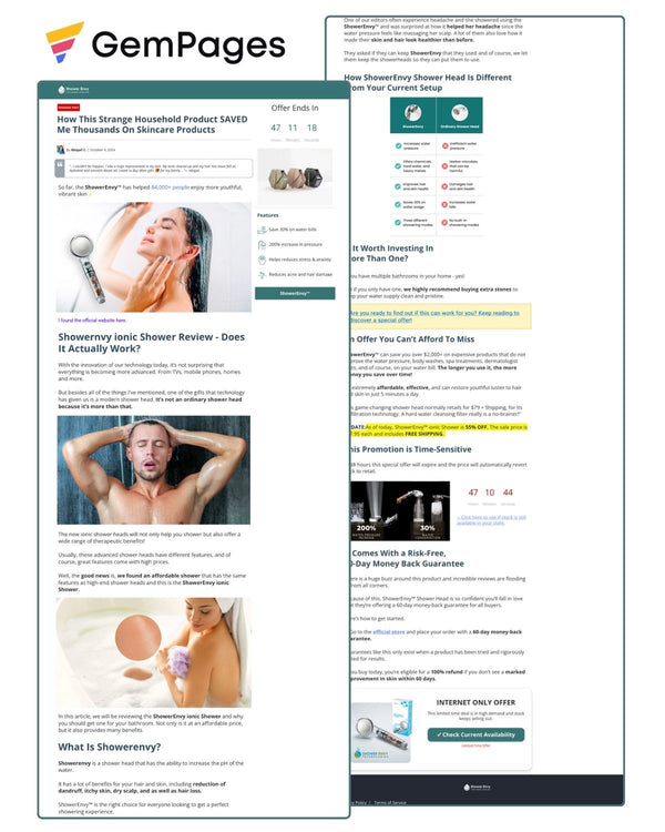ShowerEnvy Advertorial Page | GemPages Template Ecom Funnel Template